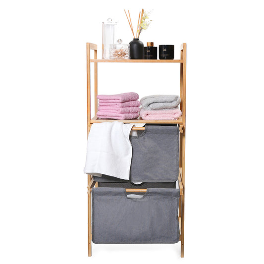 96 CM Wooden Bamboo Laundry Basket Shelves Storage Drawers with Fabric Cloth Removable Baskets 2 Tier Organizer Shelf for Bathroom and Bedroom - Medaid