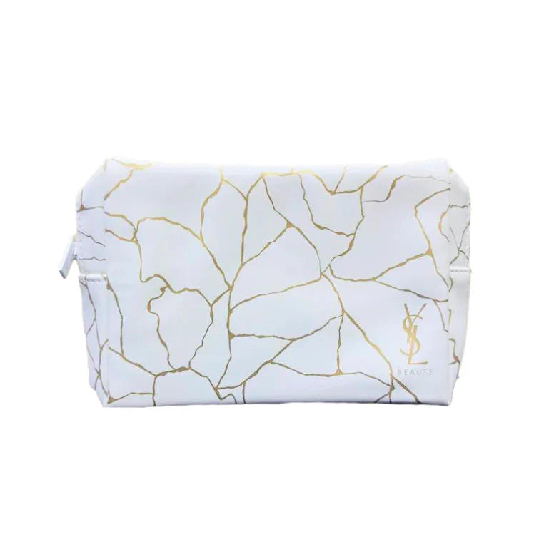 YSL BEAUTE - Makeup Bag Pouch with Zipper White with Gold Marble Design - Medaid