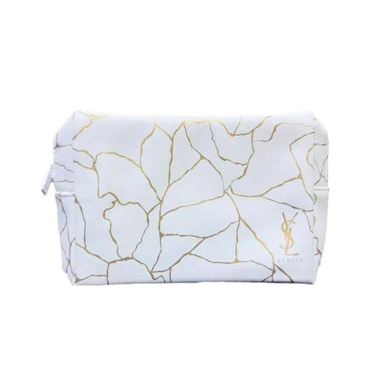 YSL BEAUTE - Makeup Bag Pouch with Zipper White with Gold Marble Design - Medaid