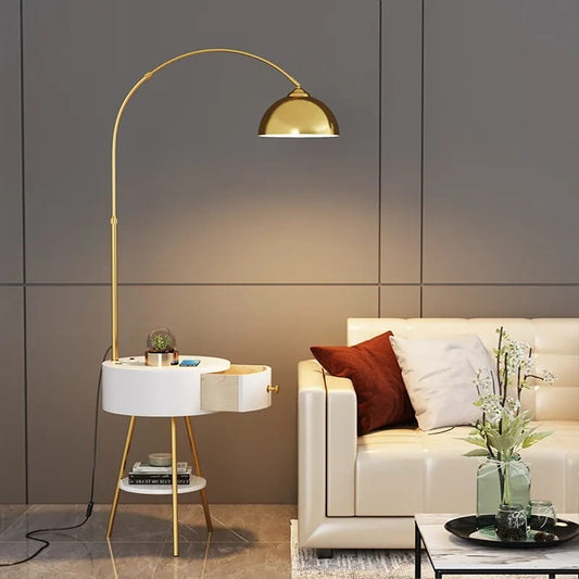 Modern End Table Arched Floor Lamp with Shelves and Drawer for Living Room, Bedroom - Medaid