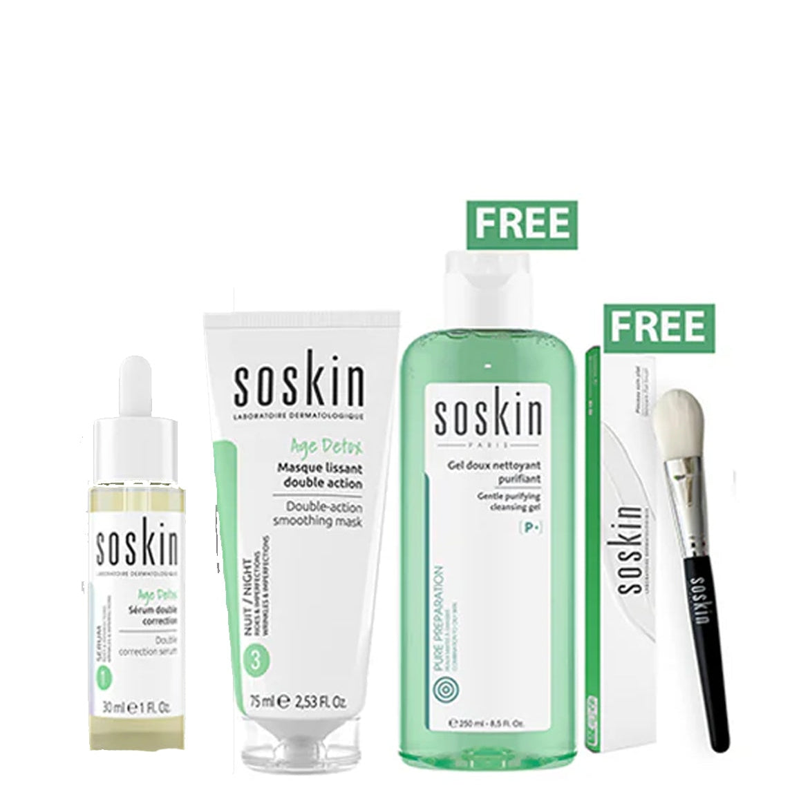 Soskin Masque Lissant Double Action 75 ml + Soskin Serum Double Correction 30 ml + Soskin Gel Doux Nettoyant Purifiant 250 ml (Gift) - Medaid
