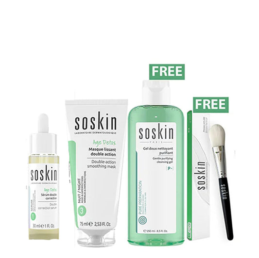 Soskin Masque Lissant Double Action 75 ml + Soskin Serum Double Correction 30 ml + Soskin Gel Doux Nettoyant Purifiant 250 ml (Gift) - Medaid