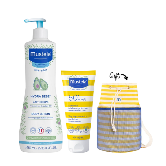 Buy Hydra Bébé® Body lotion 300ML + Mustela Very high Protection Sun Lotion 100ml Get FREE Mustela Summer Pouch - Medaid