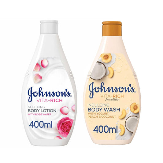 15% OFF Buy 1 Johnson's Vita-Rich Body Wash Replenishing Peach Yogurt  400ml + Johnson and Johnson Body Lotion Vita-Rich Soothing Rose Water 400ML - Medaid