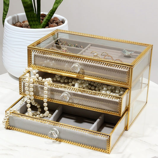 23 CM Vintage Glass Jewelry Storage Box with 3 Removable Drawer Multifunctional Organizer Box with Brass Frame for Rings Earrings Necklaces - Medaid