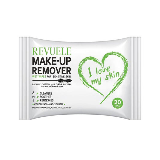 Revuele Wet Wipes Make-up Remover I Love My Skin for Sensitive Skin With Green Tea and Cucumber, 20 Pcs Per Pack - Medaid